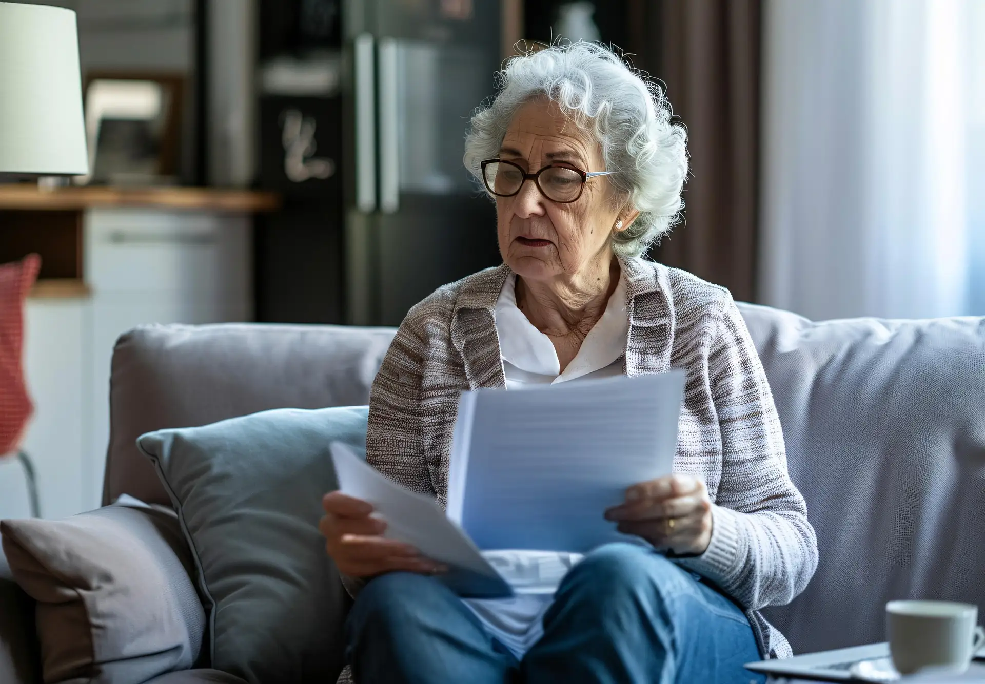 Femme âgée lisant des documents.
