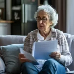 Femme âgée lisant des documents.