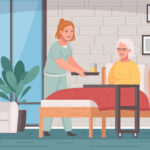 Une jeune dame apporte un plateau déjeuner à une dame alitée