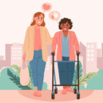 jeune dame aide une personne âgée qui se promène en déambulateur
